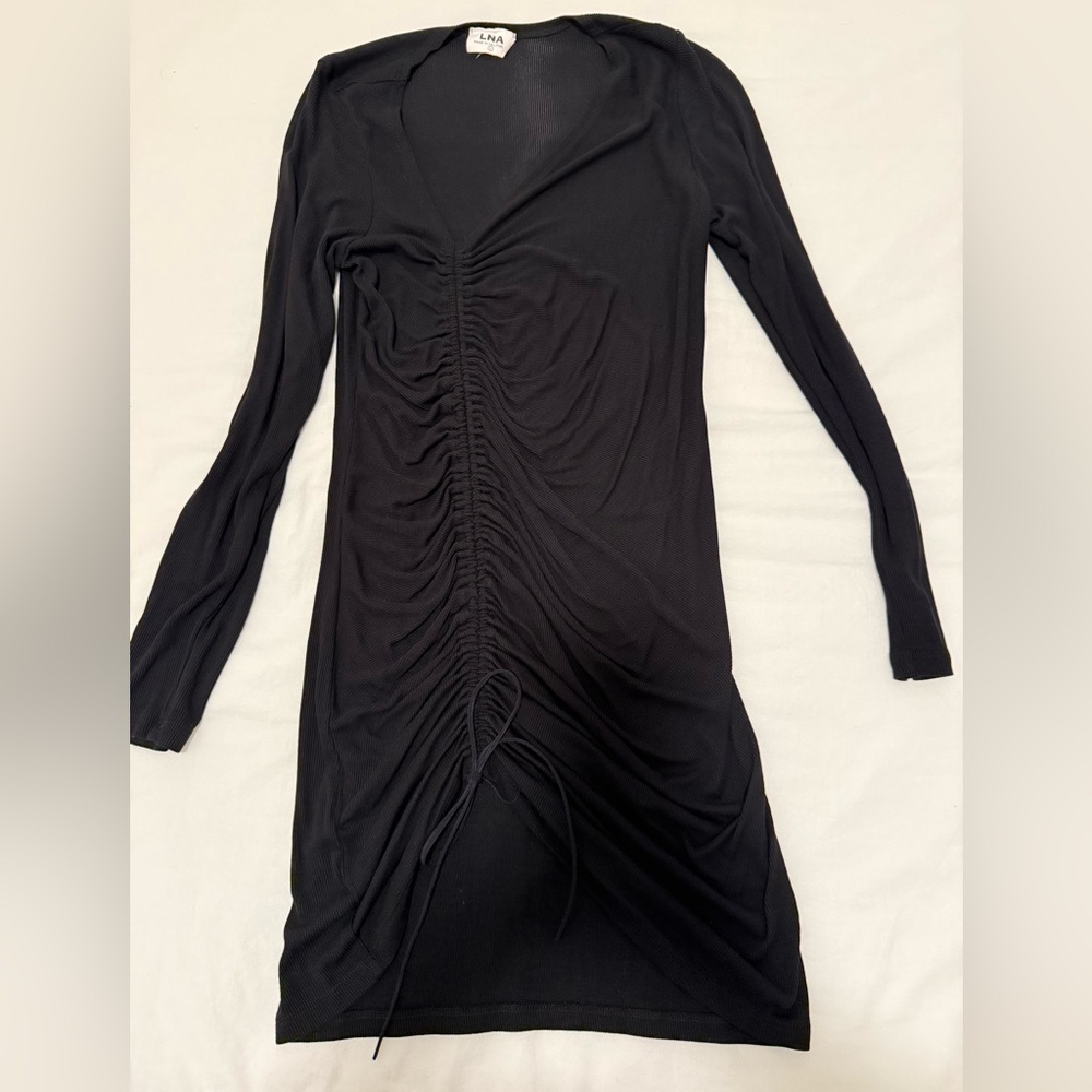 LNA Black Ruched Mini Dress with Drawstring - Picture 4 of 5